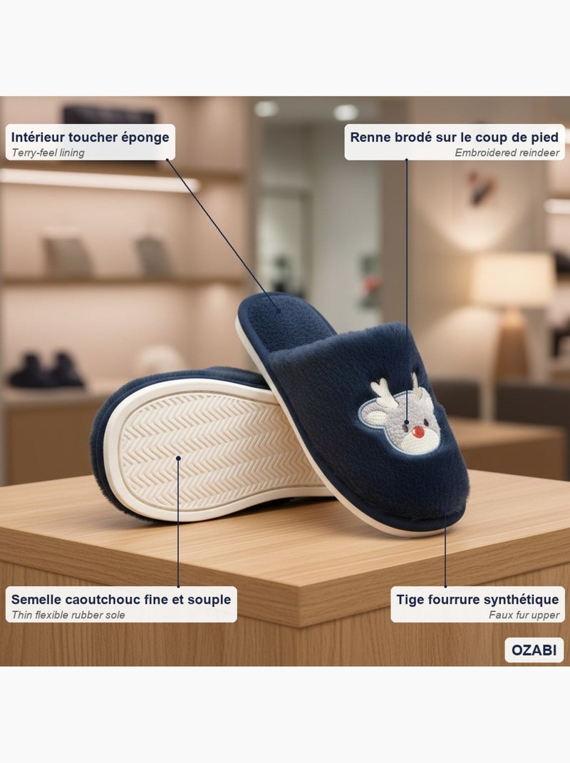 Pantofole aperte donna ozabi, pelliccia sintetica, renna ricamata Blu marino - Kiabi