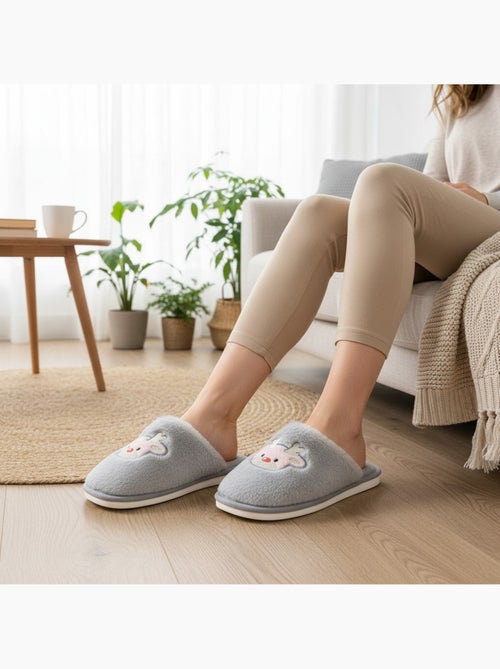 Pantofole aperte donna ozabi, pelliccia sintetica, renna ricamata - Kiabi
