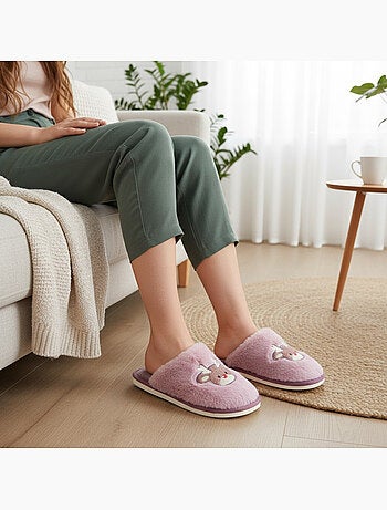 Pantofole aperte donna ozabi, pelliccia sintetica, renna ricamata