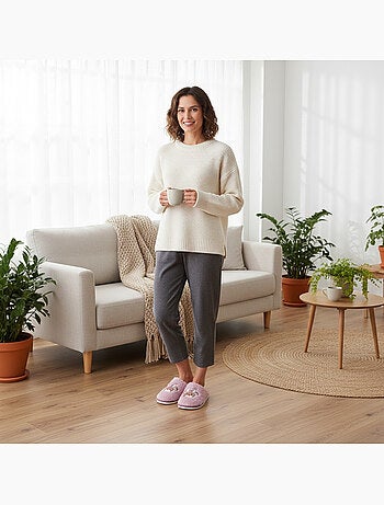 Pantofole aperte donna ozabi, pelliccia sintetica, renna ricamata