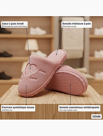 Pantofole donna aperte ozabi, finta pelliccia, cuore pois ricamato love