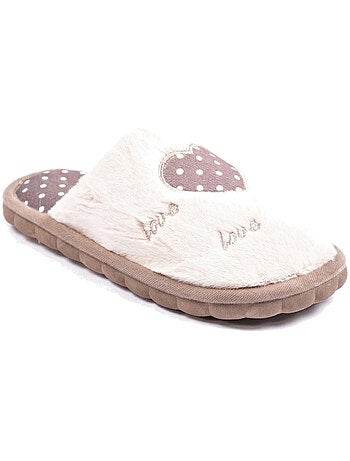 Pantofole donna aperte ozabi, finta pelliccia, cuore pois ricamato love