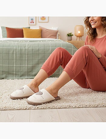 Pantofole donna aperte ozabi, finta pelliccia, cuore pois ricamato love