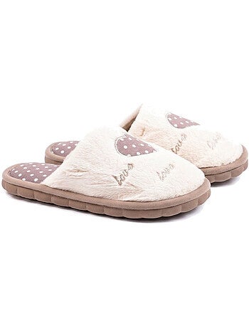 Pantofole donna aperte ozabi, finta pelliccia, cuore pois ricamato love
