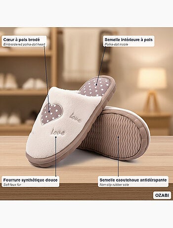 Pantofole donna aperte ozabi, finta pelliccia, cuore pois ricamato love