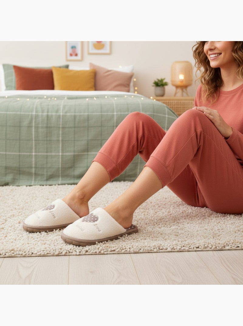 Pantofole donna aperte ozabi, finta pelliccia, cuore pois ricamato love Marrone - Kiabi