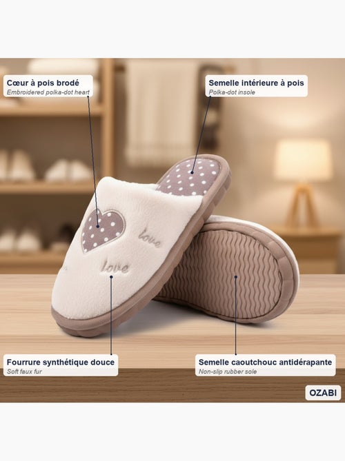 Pantofole donna aperte ozabi, finta pelliccia, cuore pois ricamato love - Kiabi Pantofole donna aperte ozabi, finta pelliccia, cuore pois ricamato love - Kiabi