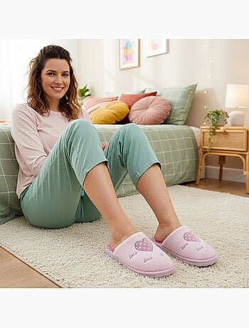 Pantofole donna aperte ozabi, finta pelliccia, cuore pois ricamato love