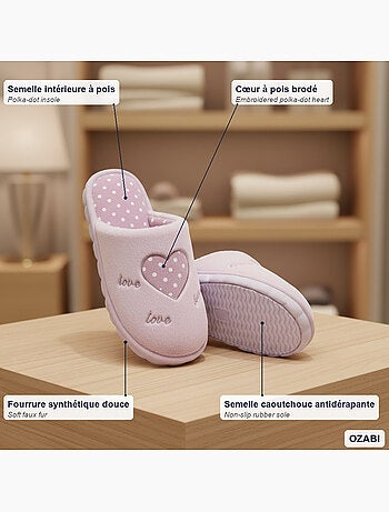 Pantofole donna aperte ozabi, finta pelliccia, cuore pois ricamato love