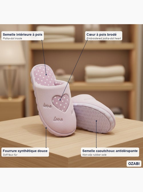 Pantofole donna aperte ozabi, finta pelliccia, cuore pois ricamato love - Kiabi Pantofole donna aperte ozabi, finta pelliccia, cuore pois ricamato love - Kiabi