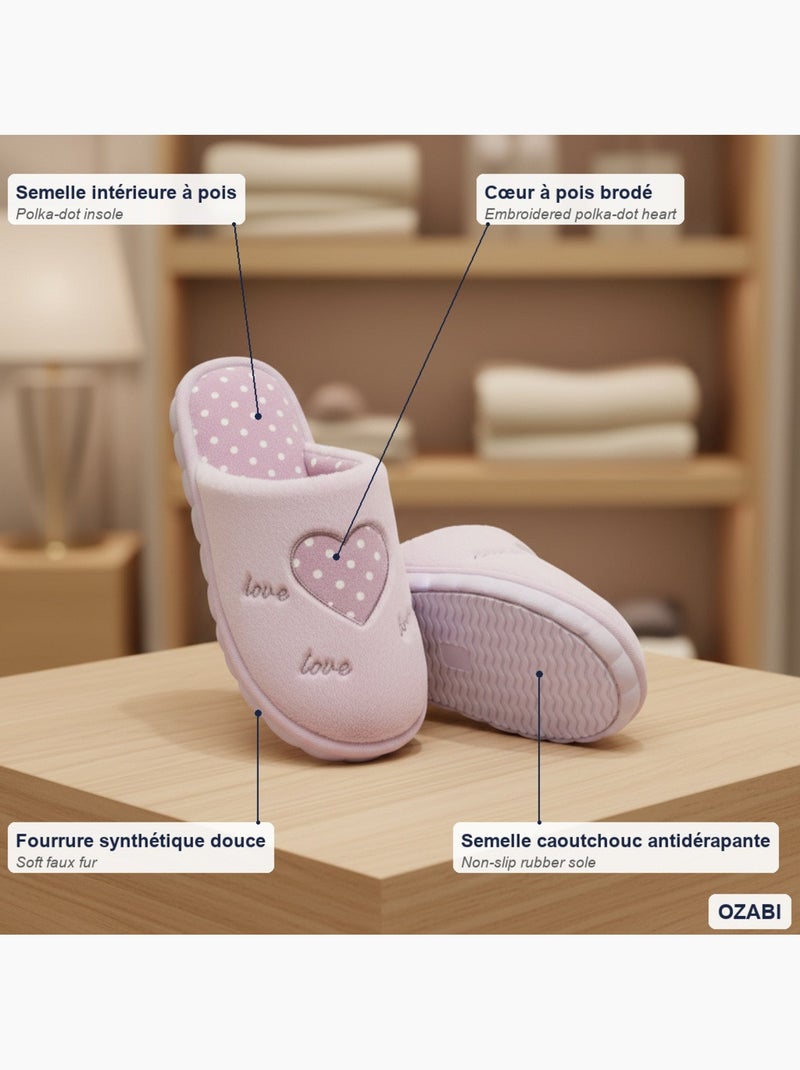 Pantofole donna aperte ozabi, finta pelliccia, cuore pois ricamato love Rosa - Kiabi
