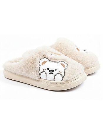 Pantofole donna aperte ozabi, peluche sintetica, orso ricamato