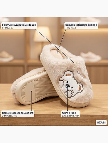 Pantofole donna aperte ozabi, peluche sintetica, orso ricamato