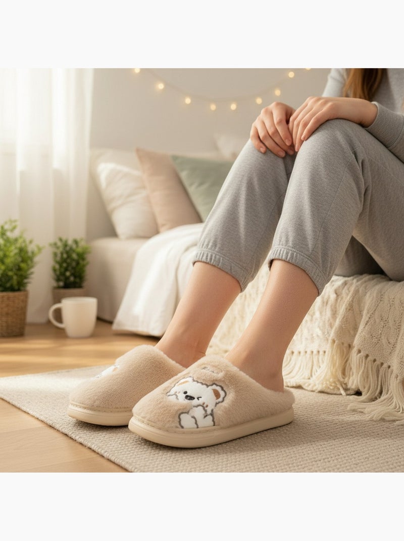 Pantofole donna aperte ozabi, peluche sintetica, orso ricamato Beige - Kiabi