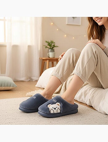 Pantofole donna aperte ozabi, peluche sintetica, orso ricamato
