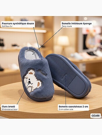 Pantofole donna aperte ozabi, peluche sintetica, orso ricamato