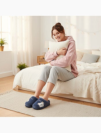 Pantofole donna aperte ozabi, peluche sintetica, orso ricamato
