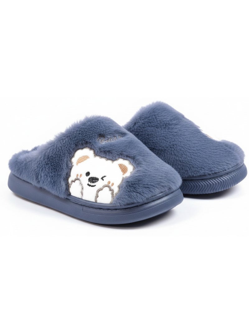 Pantofole donna aperte ozabi, peluche sintetica, orso ricamato Blu marino - Kiabi