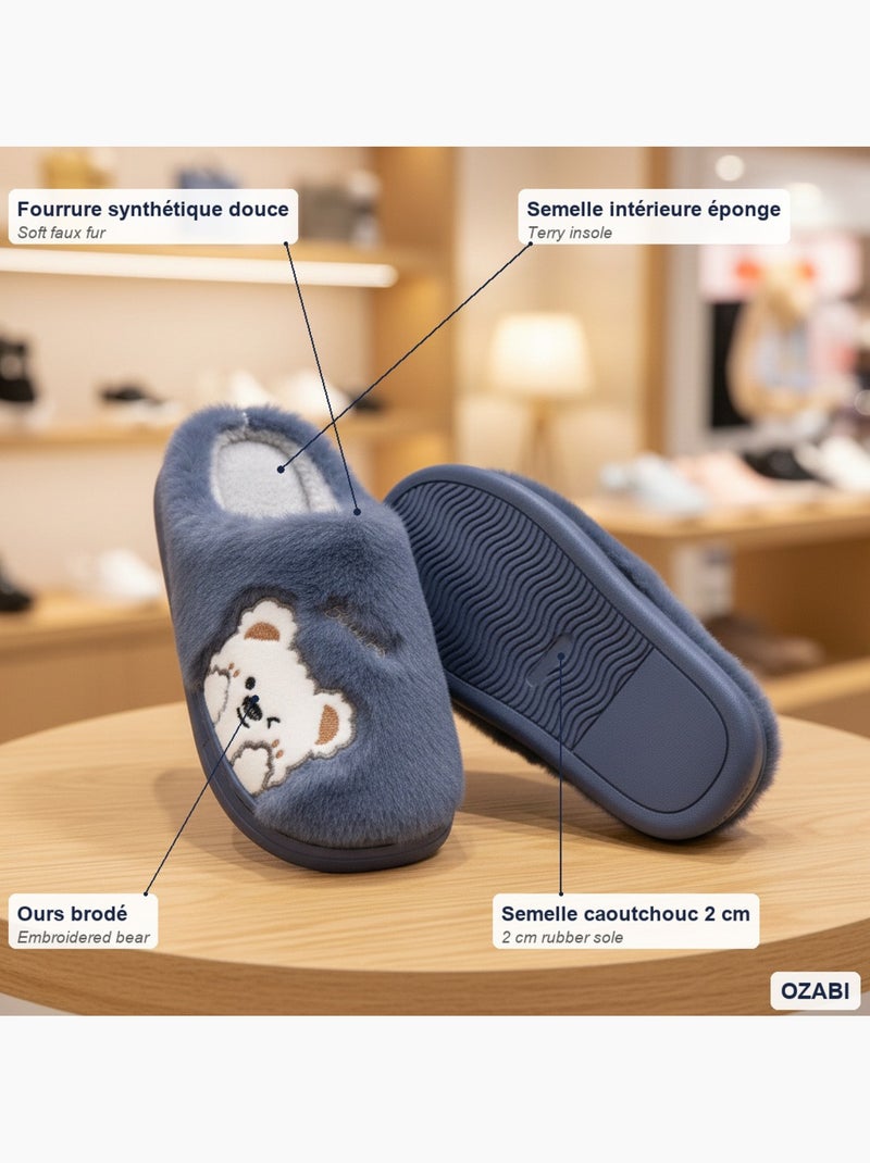 Pantofole donna aperte ozabi, peluche sintetica, orso ricamato Blu marino - Kiabi