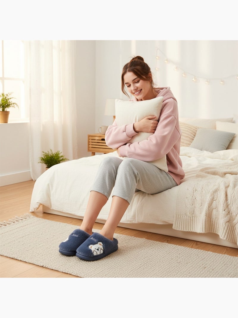 Pantofole donna aperte ozabi, peluche sintetica, orso ricamato Blu marino - Kiabi