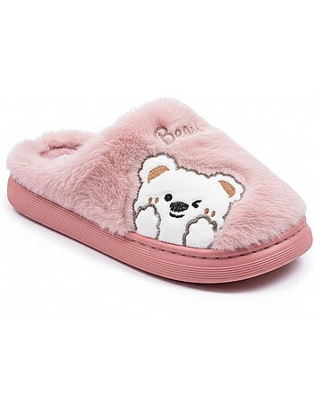 Pantofole donna aperte ozabi, peluche sintetica, orso ricamato
