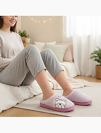 Pantofole donna aperte ozabi, peluche sintetica, orso ricamato