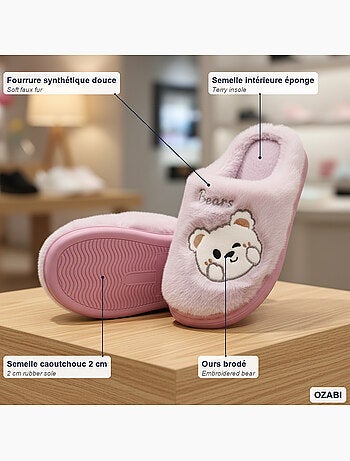 Pantofole donna aperte ozabi, peluche sintetica, orso ricamato