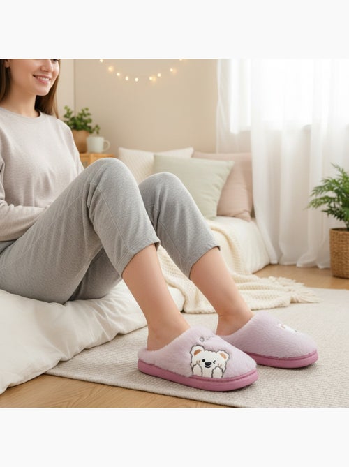 Pantofole donna aperte ozabi, peluche sintetica, orso ricamato - Kiabi Pantofole donna aperte ozabi, peluche sintetica, orso ricamato - Kiabi