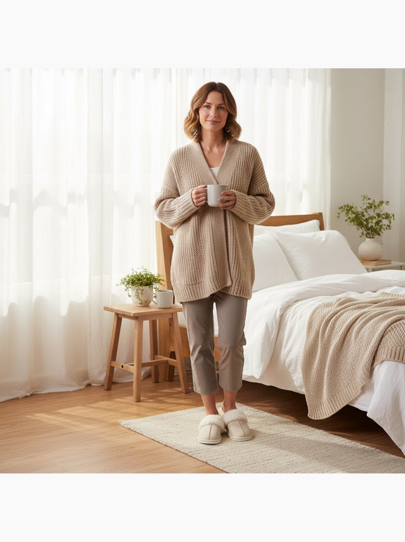 Pantofole donna aperte ozabi, scamosciato sintetico, collo in peluche Beige - Kiabi