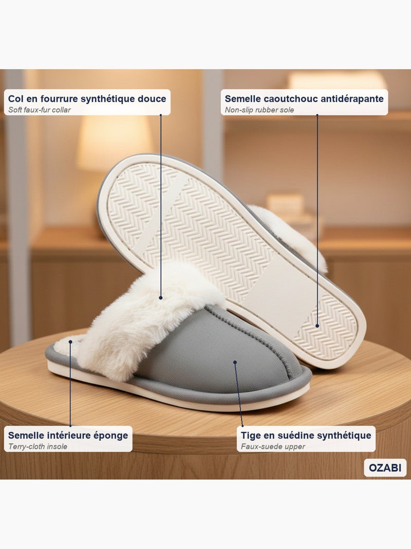 Pantofole donna aperte ozabi, scamosciato sintetico, collo in peluche Grigio - Kiabi