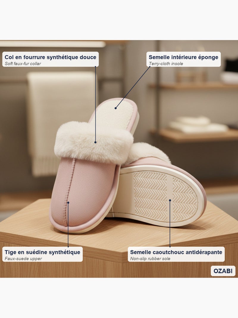 Pantofole donna aperte ozabi, scamosciato sintetico, collo in peluche Rosa - Kiabi