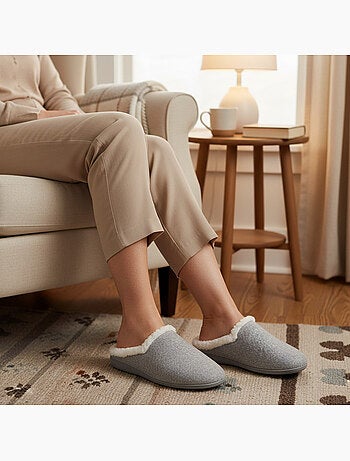 Pantofole donna inverno ozabi, feltro tinta unita sfumato, collo ecopelliccia