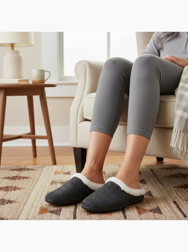 Pantofole donna inverno ozabi, feltro tinta unita sfumato, collo ecopelliccia Nero - Kiabi