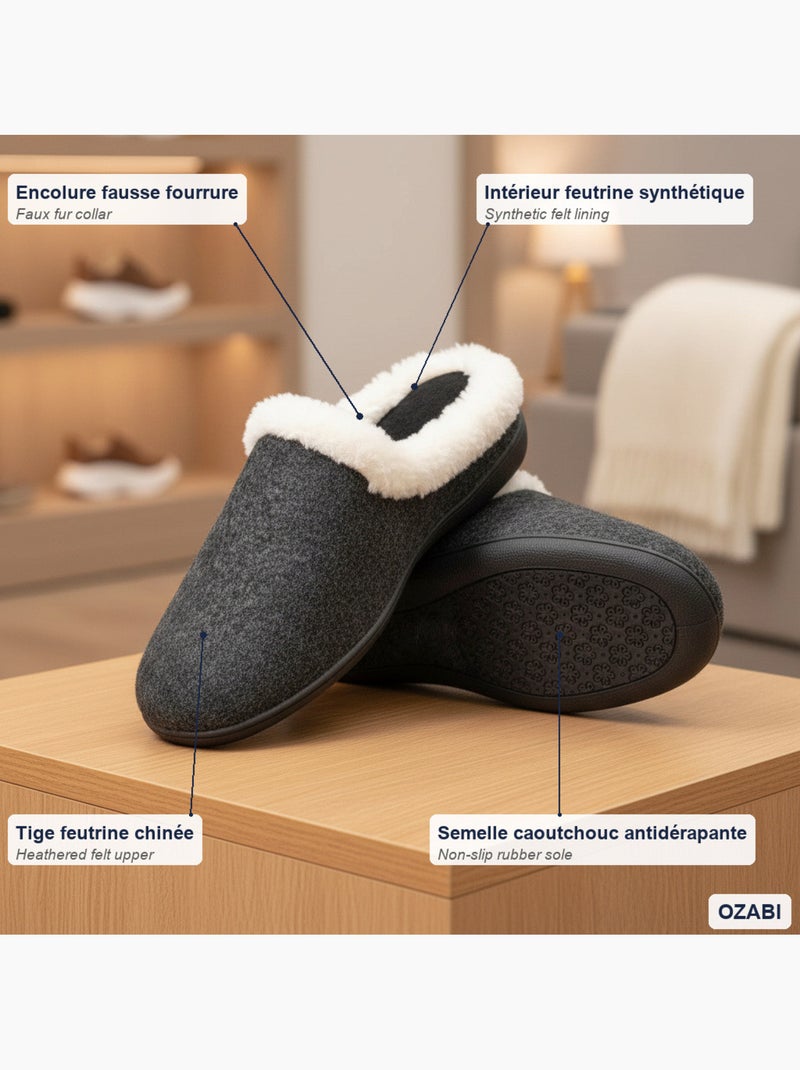 Pantofole donna inverno ozabi, feltro tinta unita sfumato, collo ecopelliccia Nero - Kiabi