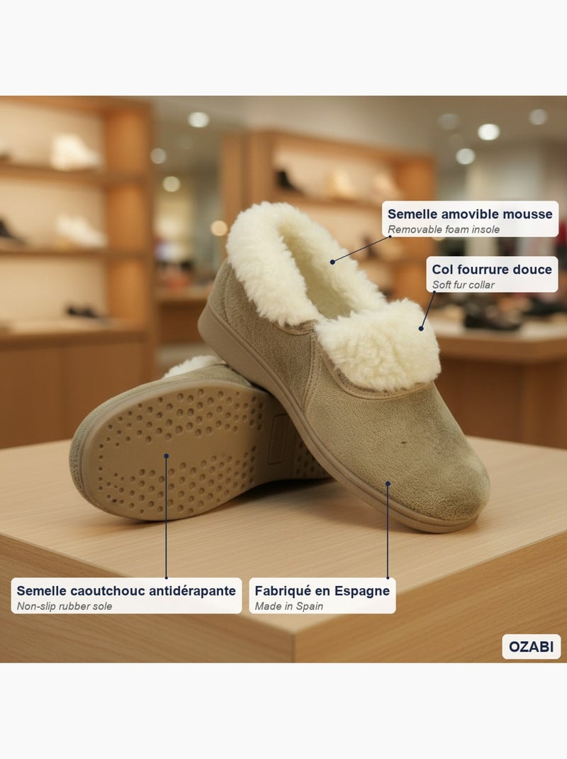 Pantofole donna ozabi charentaises collo in pelliccia, suola amovibile Beige - Kiabi