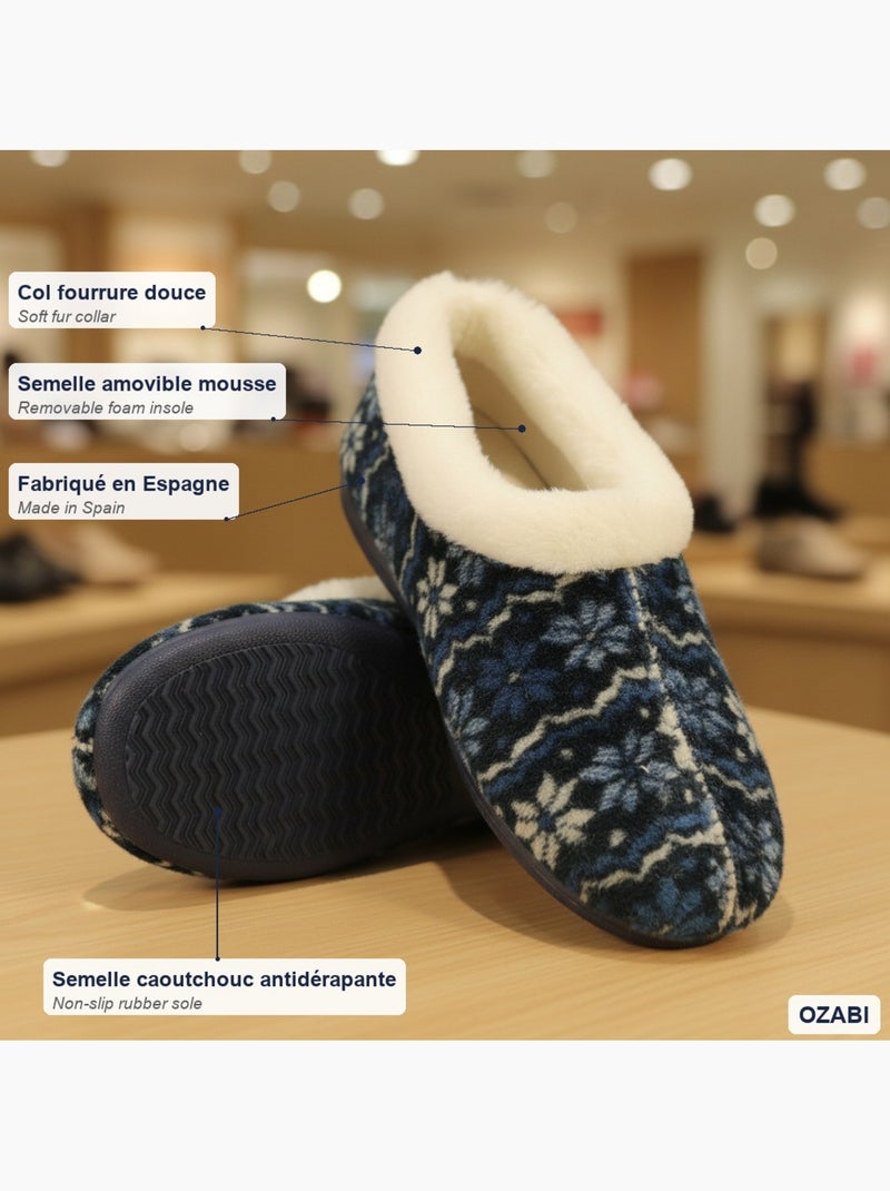 Pantofole donna ozabi charentaises collo in pelliccia, suola amovibile Blu - Kiabi