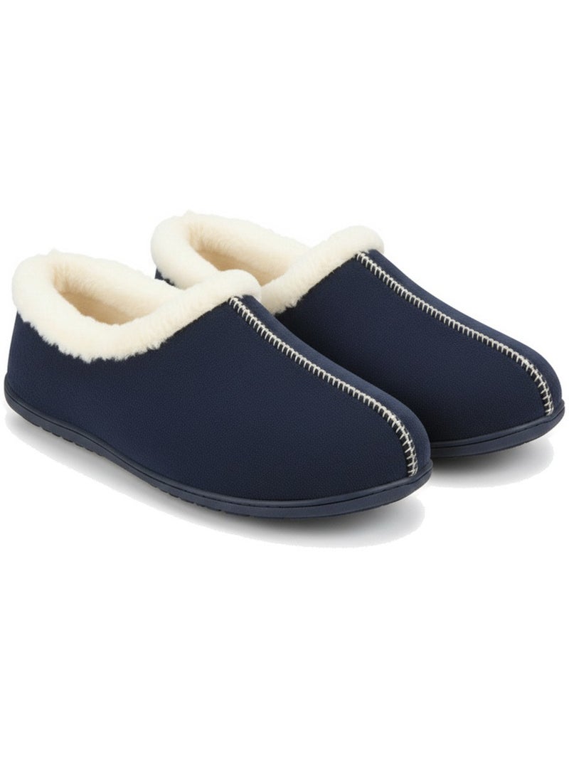 Pantofole donna ozabi charentaises collo in pelliccia, suola amovibile Blu marino - Kiabi