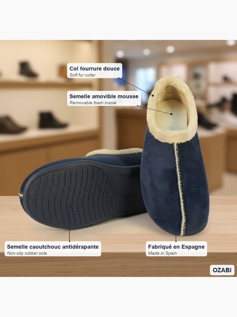 Pantofole donna ozabi charentaises collo in pelliccia, suola amovibile Blu marino - Kiabi