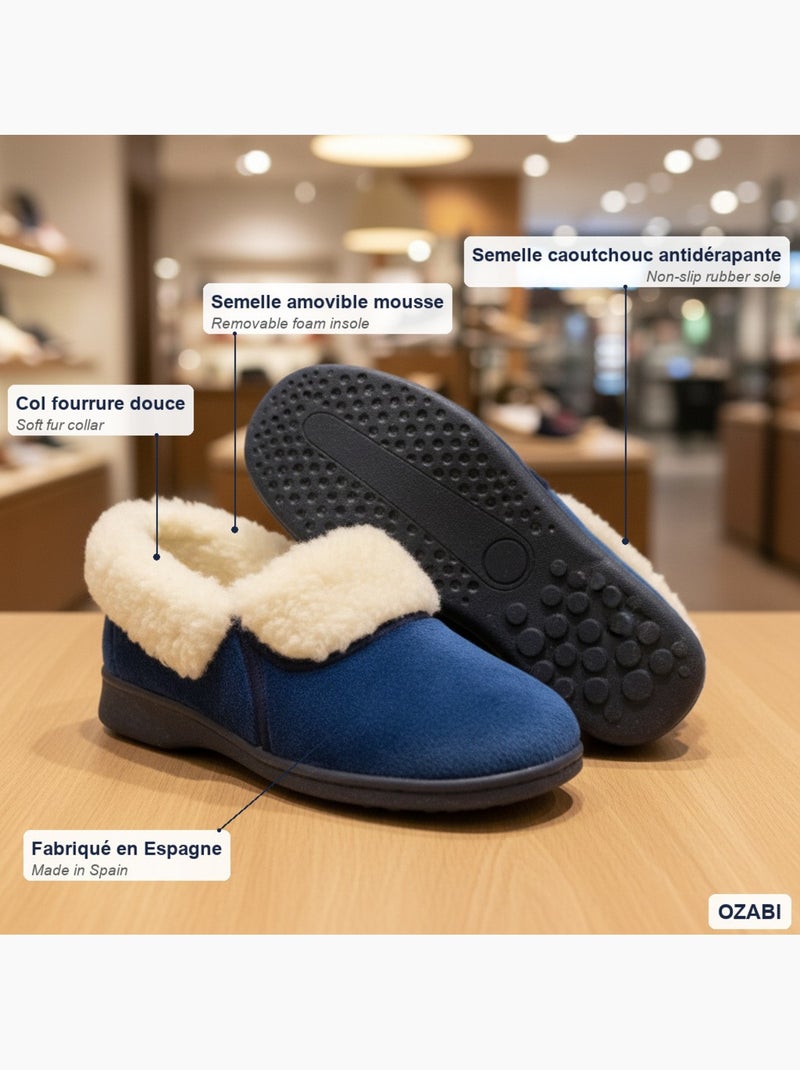 Pantofole donna ozabi charentaises collo in pelliccia, suola amovibile Blu scuro - Kiabi