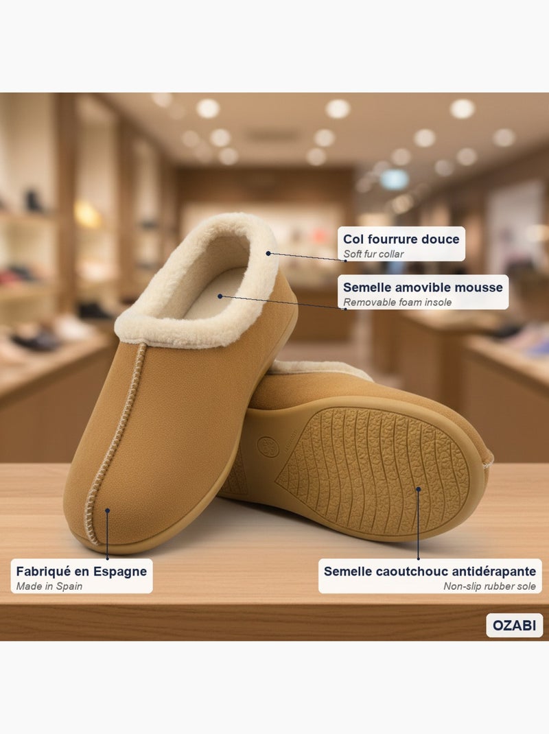 Pantofole donna ozabi charentaises collo in pelliccia, suola amovibile Cammello - Kiabi