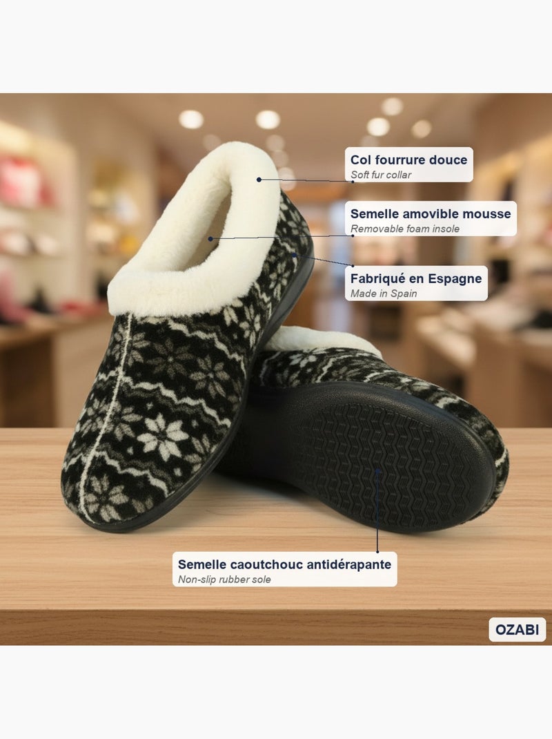 Pantofole donna ozabi charentaises collo in pelliccia, suola amovibile Nero - Kiabi