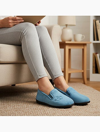 Pantofole donna ozabi, feltro ricamato fiori, elastici di sostegno