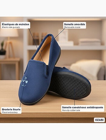 Pantofole donna ozabi, feltro ricamato fiori, elastici di sostegno