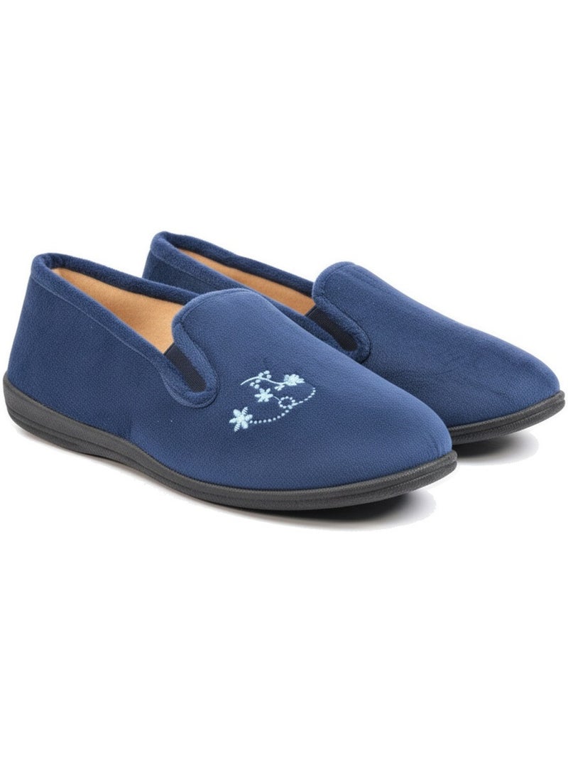 Pantofole donna ozabi, feltro ricamato fiori, elastici di sostegno Blu marino - Kiabi