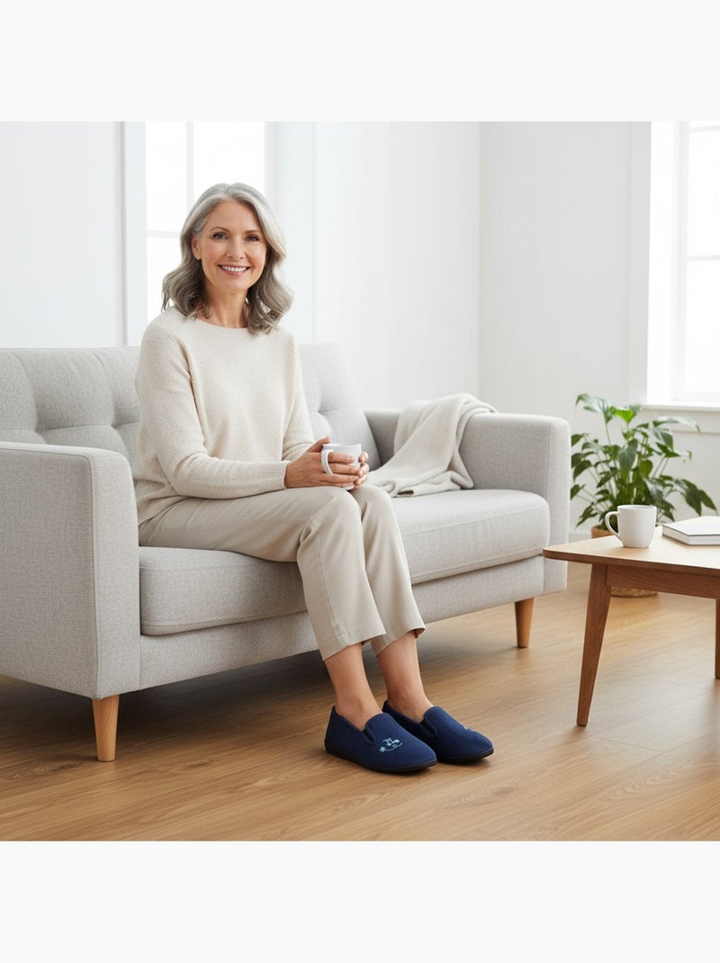 Pantofole donna ozabi, feltro ricamato fiori, elastici di sostegno Blu marino - Kiabi
