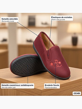 Pantofole donna ozabi, feltro ricamato fiori, elastici di sostegno