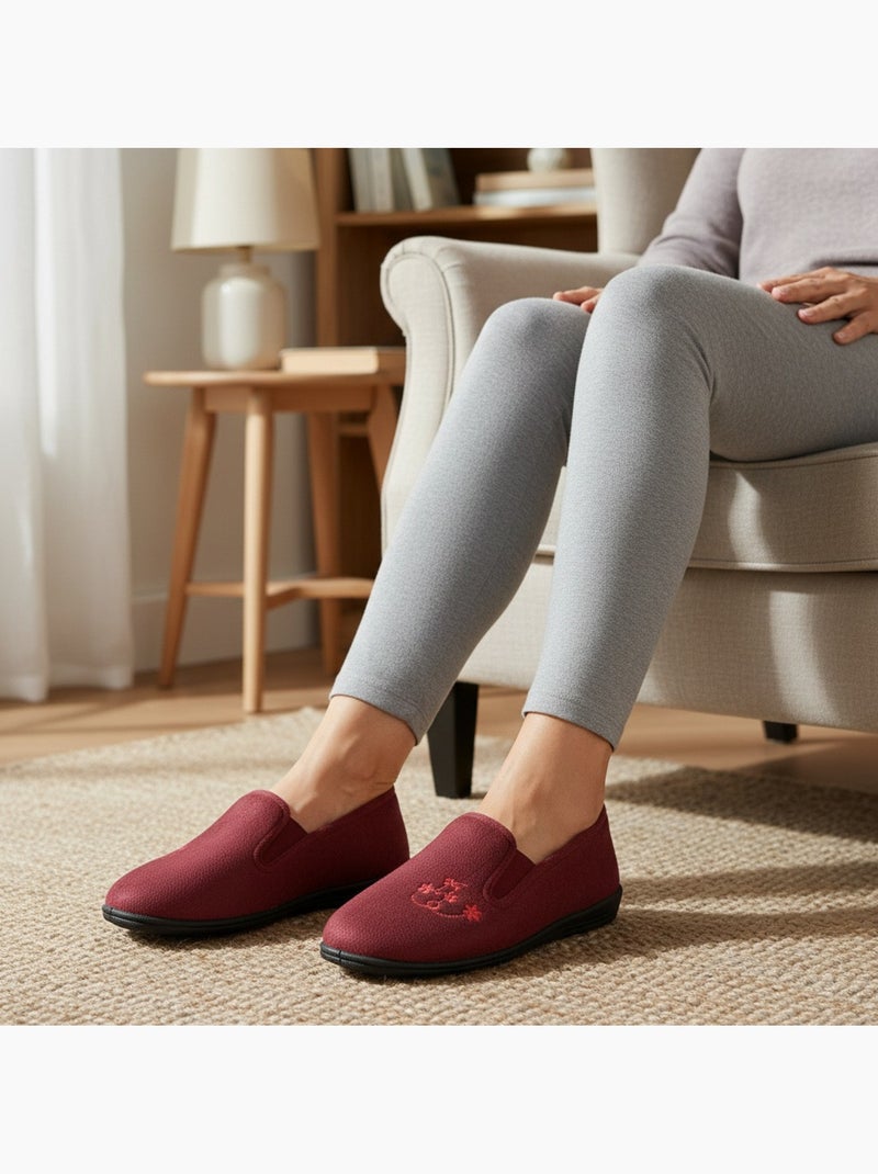 Pantofole donna ozabi, feltro ricamato fiori, elastici di sostegno Bordeaux - Kiabi