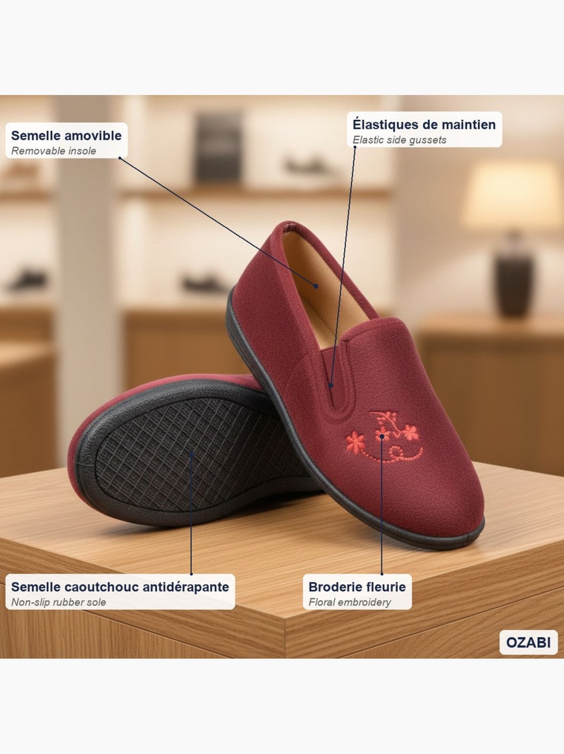 Pantofole donna ozabi, feltro ricamato fiori, elastici di sostegno Bordeaux - Kiabi