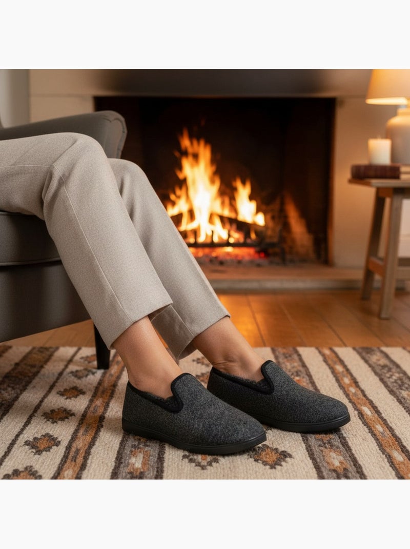 Pantofole donna ozabi invernali, feltro melange, foderate, suola estraibile Blu antracite - Kiabi