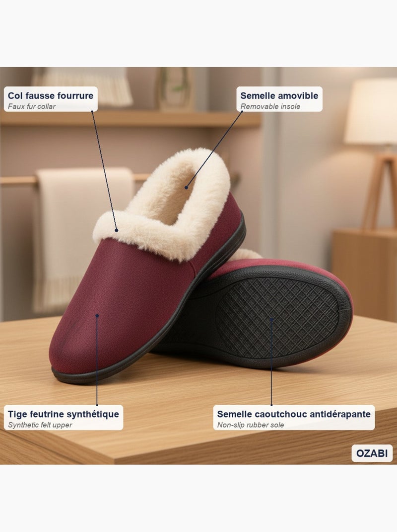 Pantofole donna ozabi invernali, feutrina tinta unita, collo finta pelliccia Bordeaux - Kiabi